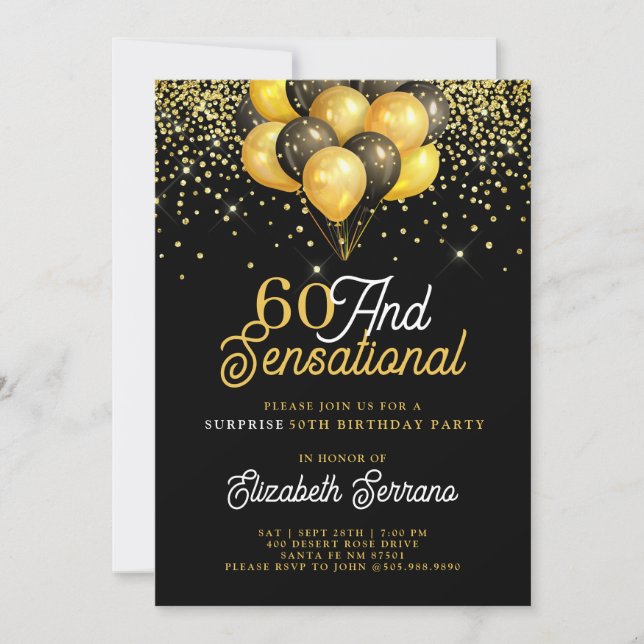 Invitación 60.º Fiesta de la sorpresa de cumpleaños Purpurina (Anverso)