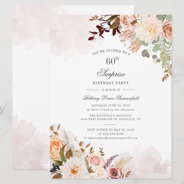 Invitación 60.º Fiesta de Sorpresa Verde Floral Pastel (Anverso / Reverso)