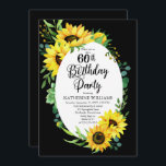 Invitación 60.º girasol de la fiesta de cumpleaños | Eucalypt<br><div class="desc">Clásico y elegante diseño moderno de marcos soleados y eucaliptos,  "60th Birthday Party" sobre un fondo negro editable. El Back cuenta con un coqueto ramo de girasol que también se puede editar en un fondo negro.</div>