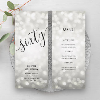 Invitación 60.º menú de cumpleaños luces Purpurinas plateadas