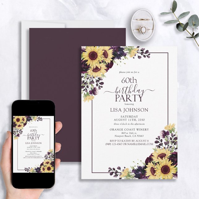 Invitación 60.º Nacimiento Plum Morado Sunflower acuarela (Subido por el creador)