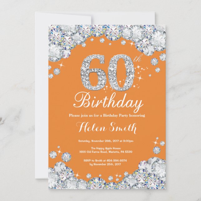 Invitación 60.º Naranja de cumpleaños y diamante plateado (Anverso)