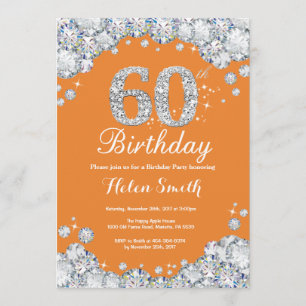 Invitación 60.º Naranja de cumpleaños y diamante plateado