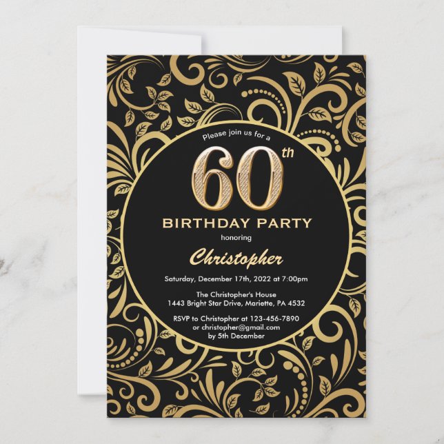 Invitación 60.º natalicio Patrón floral de oro y negro (Anverso)