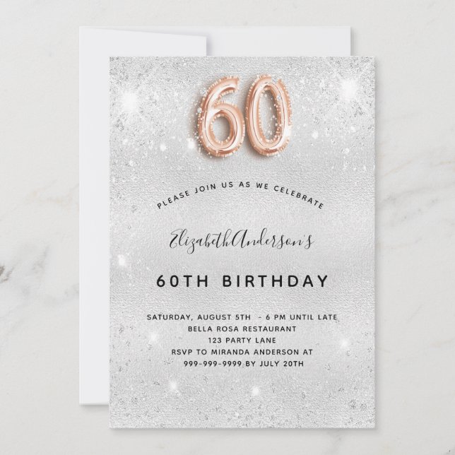 Invitación 60.º purpurina de oro de plata de cumpleaños (Anverso)