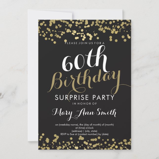 Invitación 60.º Relieve metalizado dorado de cumpleaños sorpr (Anverso)