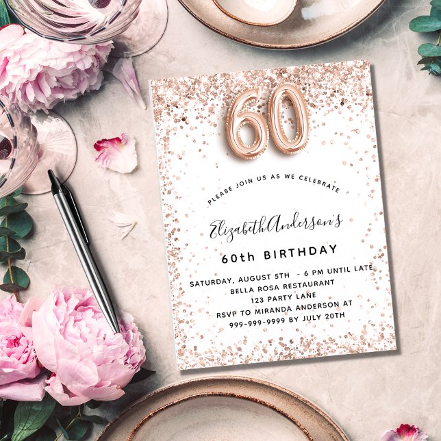 Invitación 60.º rosa de cumpleaños chispas blancas de oro (Subido por el creador)