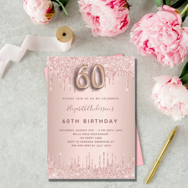 Invitación 60.º rosa de cumpleaños goteo rosado de oro (Subido por el creador)
