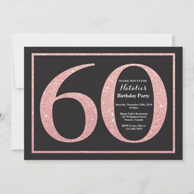 Invitación 60.º Rosa de cumpleaños Purpurina de oro rosa (Anverso)