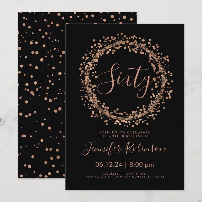 Invitación 60.º Rosa de la fiesta de cumpleaños Gold Black Co (Anverso / Reverso)