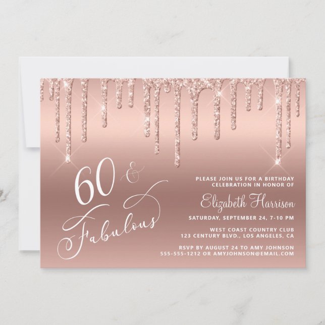 Invitación 60.º Rosa de oro Purpurina de cumpleaños (Anverso)