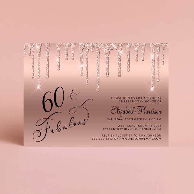 Invitación 60.º Rosa de oro Purpurina de cumpleaños (Subido por el creador)