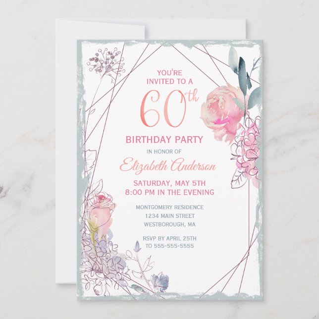 Invitación 60.º Rosa  de Rubor Floral Fiesta de acuarela (Anverso)