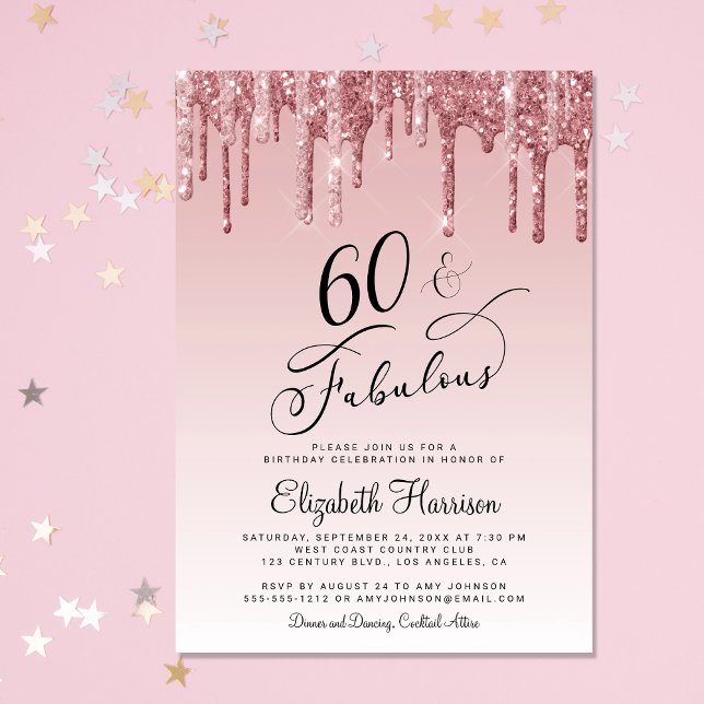 Invitación 60.º Rosa  Oro Rosado, Purpurina del partido de lo (Celebrate her 60 years of sparkle with an elegant rose gold glitter birthday party invitation )
