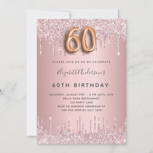 Invitación 60.º rosa purpurina de cumpleaños con polvorientos (Anverso)