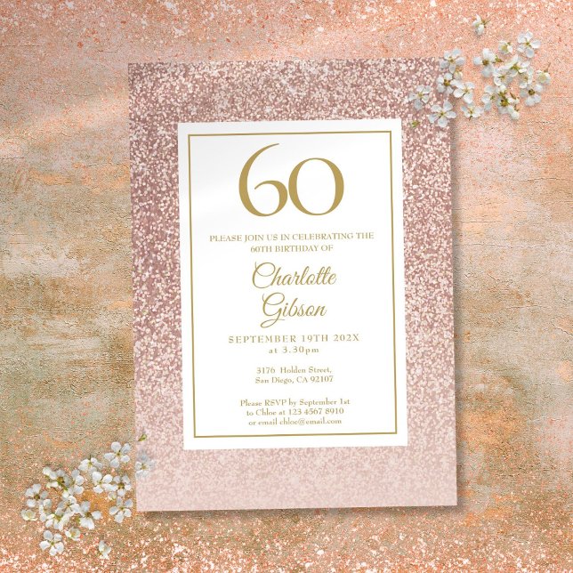 Invitación 60.º Rosa  Purpurina de Oro (60th Birthday Elegant Rose Gold Glitter Invitation)