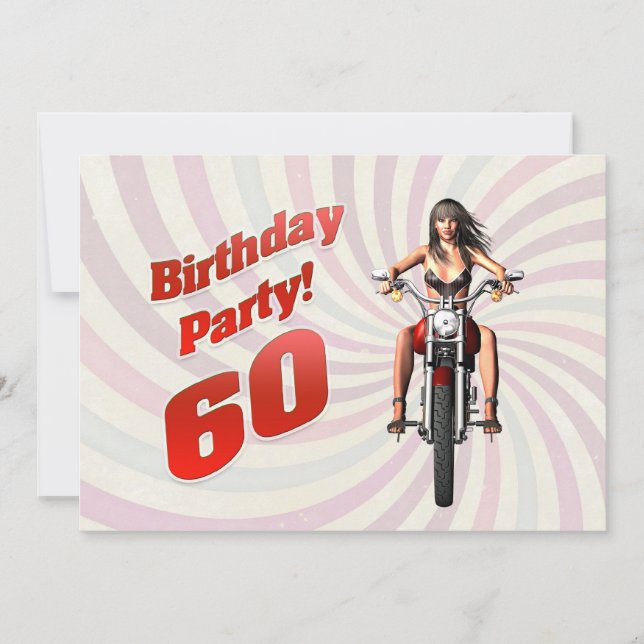 Invitación 60.a fiesta de cumpleaños con un chica en una moto (Anverso)