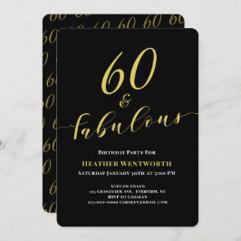 Invitación 60 and Fabulous 60th Birthday Gold Black Script