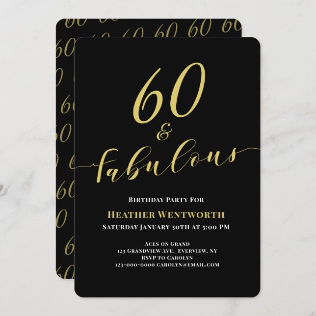 Invitación 60 and Fabulous 60th Birthday Gold Black Script (Anverso / Reverso)