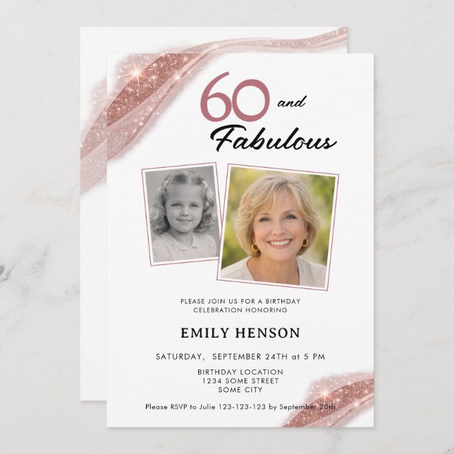 Invitación 60 and Fabulous Rose Gold 2 Photo Birthday (Anverso / Reverso)
