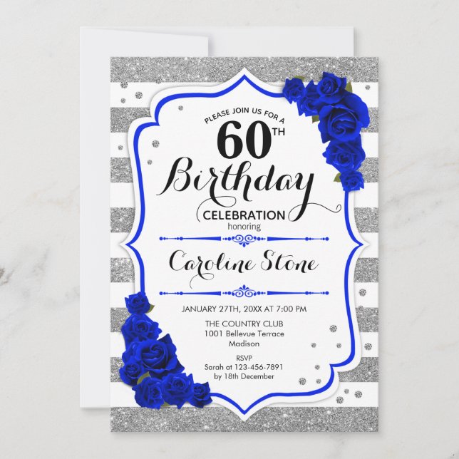 Invitación 60 Aniversario - Bandas blancas reales de plata az (Anverso)
