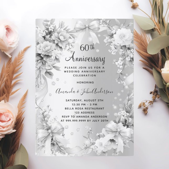 Invitación 60° aniversario boda diamante plata arco floral (Subido por el creador)