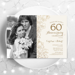 Invitación 60 Aniversario Con Foto - Flor de Marfil Dorado