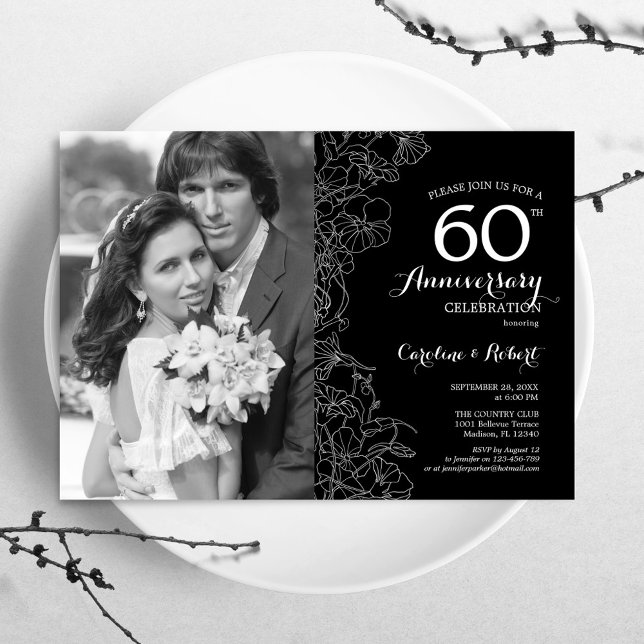Invitación 60 Aniversario Con Foto - Floral Blanco y Negro (Subido por el creador)