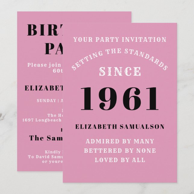Invitación 60 Aniversario de 1961 Rosa Negro Personalizado Pa (Anverso / Reverso)