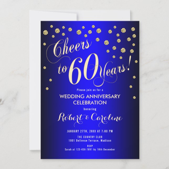 Invitación 60 Aniversario de Boda - Azul Real y Dorado (Anverso)