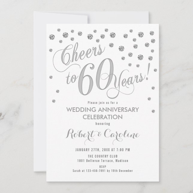 Invitación 60 Aniversario de Boda - Blanco Plata (Anverso)