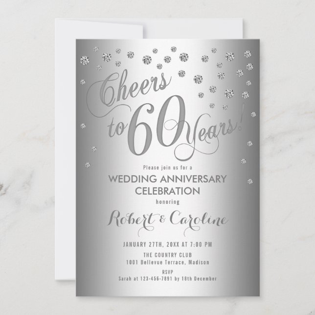 Invitación 60 Aniversario de Boda - Blanco Platead (Anverso)
