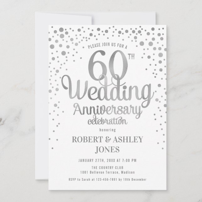 Invitación 60 Aniversario de Boda - Plata y Blanco (Anverso)