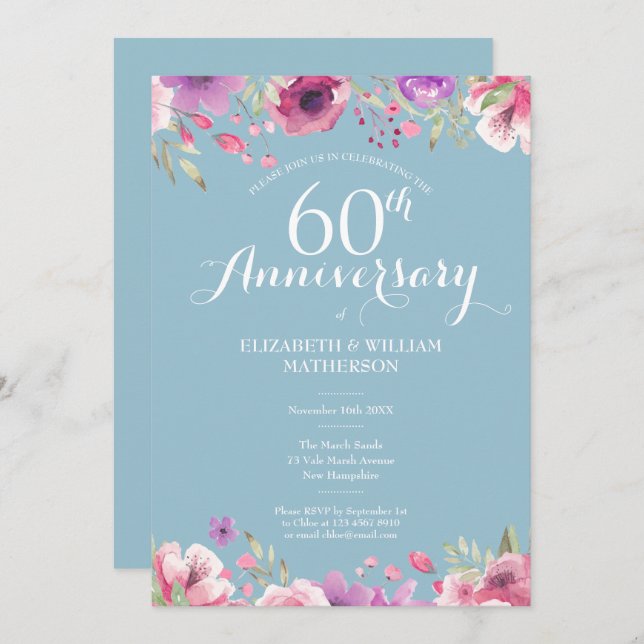 Invitación 60 Aniversario de Bodas de Diamante Floral Campest (Anverso / Reverso)