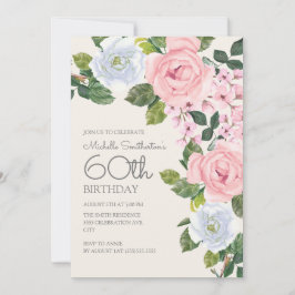 Invitación 60 Aniversario de la mujer pastel rosa floral blan