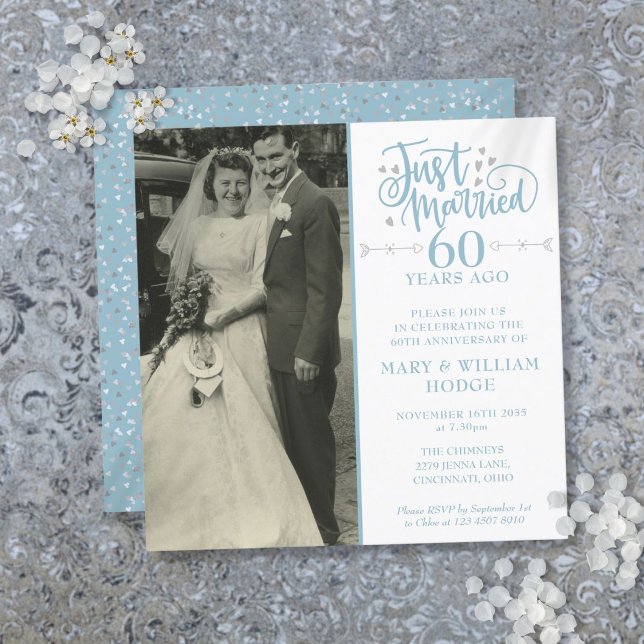 Invitación 60° aniversario de la recién casada Plaza de la Fo (60th Anniversary Just Married Wedding Photo Square Invitation)