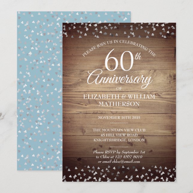 Invitación 60 Aniversario del amor Corazones Confetti Madera  (Anverso / Reverso)