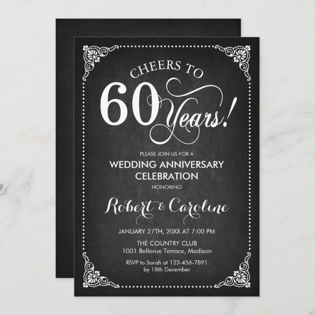Invitación 60° Aniversario del Boda - Blanco de Chalkboard (Anverso / Reverso)
