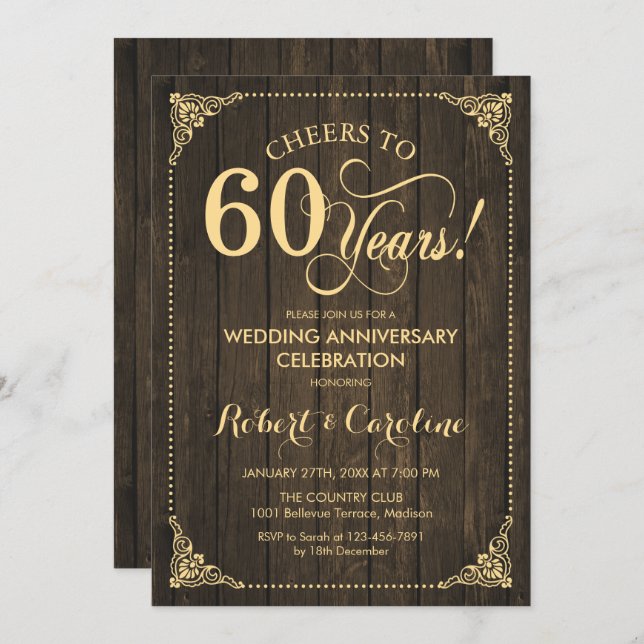 Invitación 60° Aniversario del Boda - Madera dorada (Anverso / Reverso)