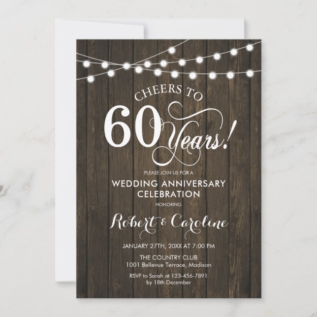 Invitación 60° Aniversario del Boda - Madera Rústica (Anverso)