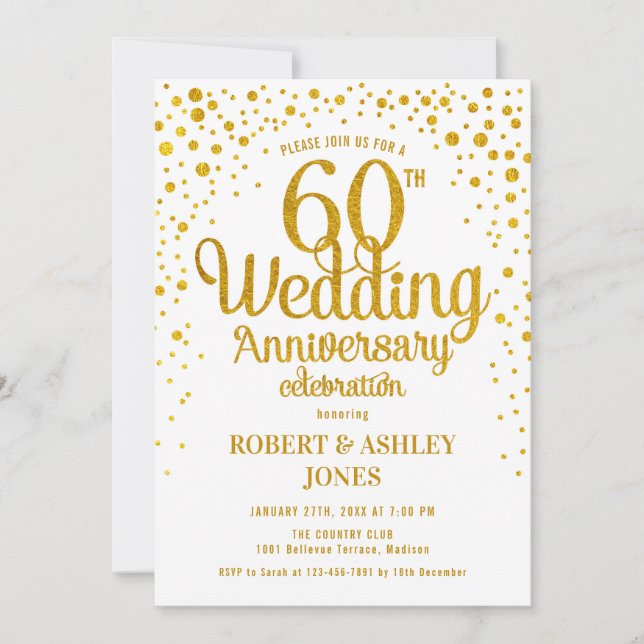 Invitación 60° Aniversario del Boda - Oro y Blanco (Anverso)