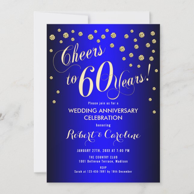 Invitación 60° Aniversario del Boda - Royal Blue & Gold (Anverso)