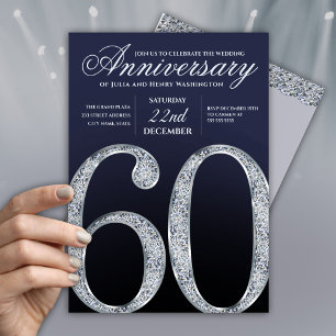 Invitación 60 Aniversario Diamante Plateado Azul Marino Moder