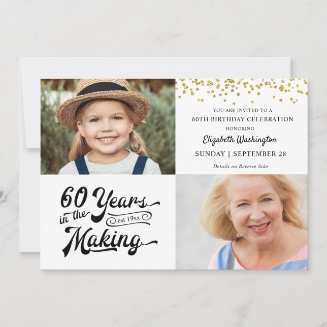 Invitación 60 Aniversario Entonces y ahora Fotos Confetti de  (Anverso)