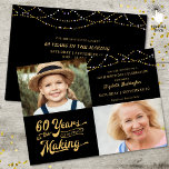 Invitación 60 Aniversario Entonces y ahora Fotos String Light<br><div class="desc">Invite a sus invitados con esta invitación de cumpleaños número 60 en negro y oro con luces de cuerda con un diseño de tipografía retro que indica 60 AÑOS EN EL MAQUILLO que integra su año de nacimiento en el diseño. Incluya fotos DE ENTONCES y AHORA para una invitación divertida....</div>