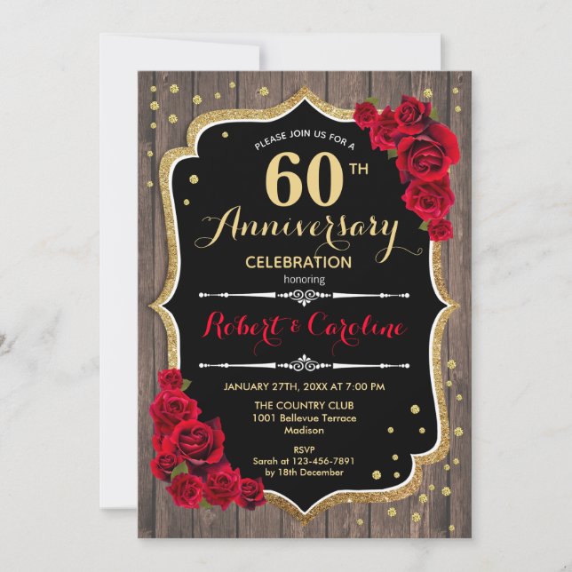 Invitación 60 Aniversario - Madera Rojo Dorado (Anverso)