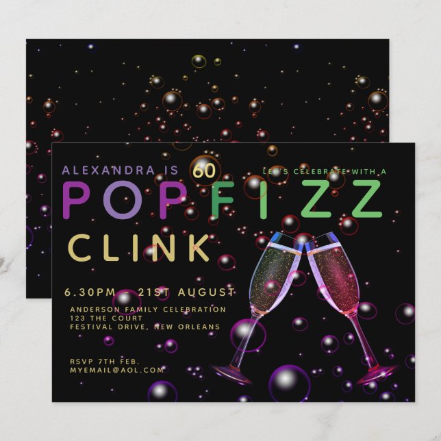 Invitación 60 Aniversario moderno - POP FIZZ CLINK Champagne (Anverso / Reverso)