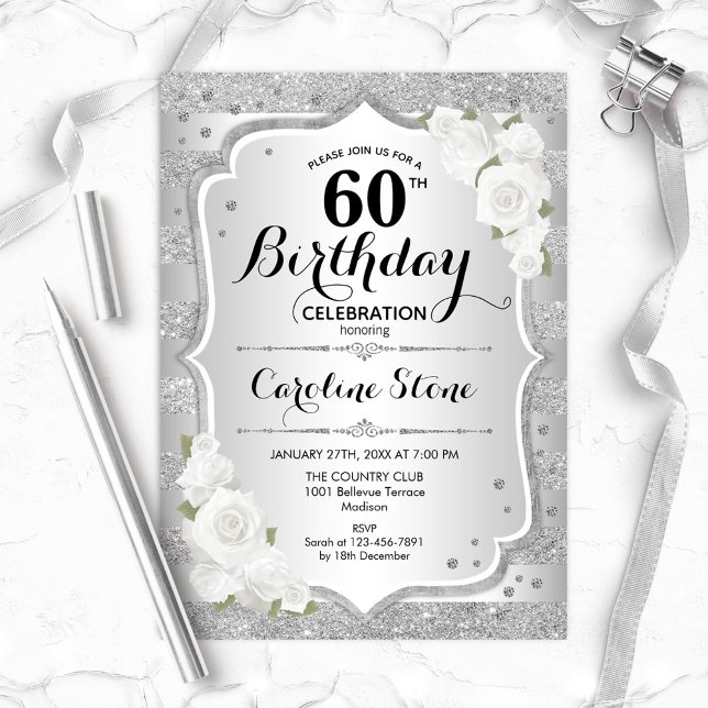Invitación 60 Aniversario - Rayas Blancas Plateadas (Subido por el creador)
