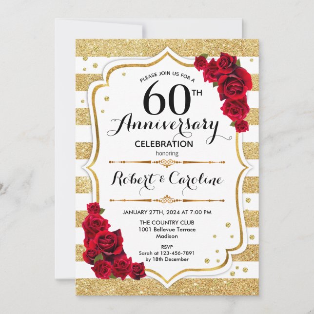 Invitación 60 Aniversario - Rosas Blancas Rojas de (Anverso)