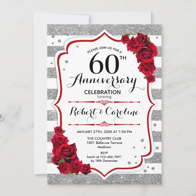 Invitación 60° Aniversario - Rosas rojas blancas de plata (Anverso)
